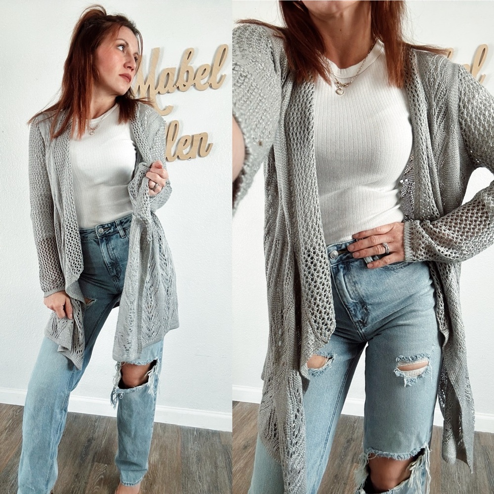 Liz Claiborne Silver Open-Knit Cardigan sweater size medium
